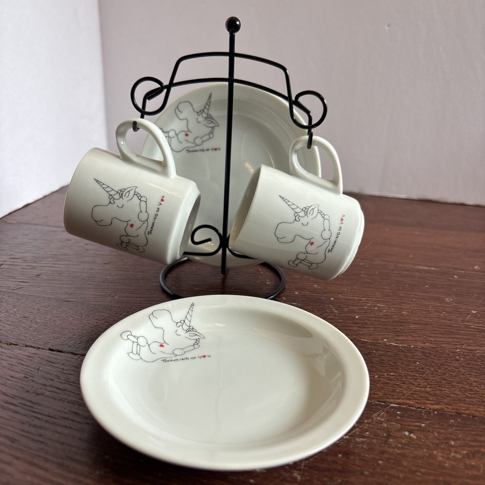 Rare VTG Joan Berg Victor Aldon 1981 Thinking Of You Unicorn Stand W/Cups,Plates